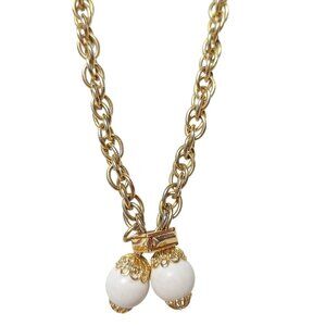 Vintage Gold Tone Chunky Chain Faux Pearl Lariat Necklace